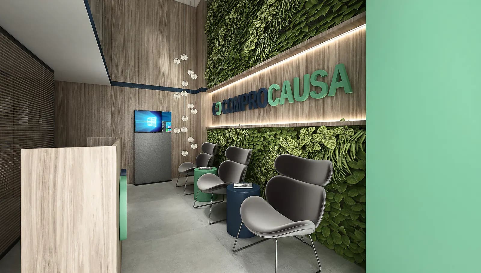 Rendering di progetto dell’Ufficio dei Diritti di Milano: l’ingresso, con una parete verde e l’insegna ComproCausa.