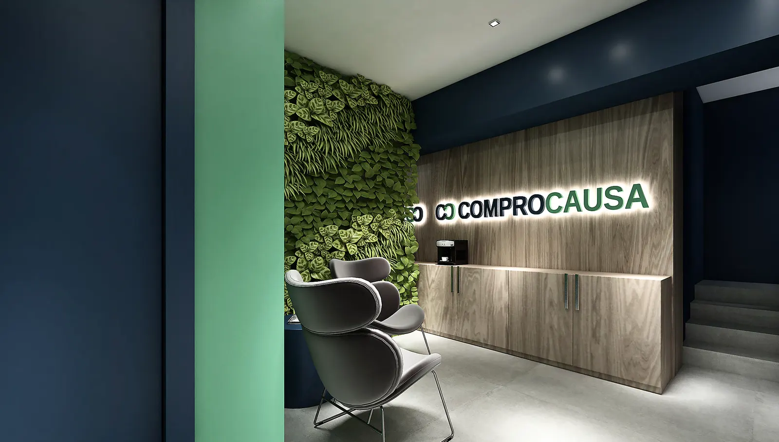 Rendering di progetto: l’area lounge, con poltrone e insegna retroilluminata.