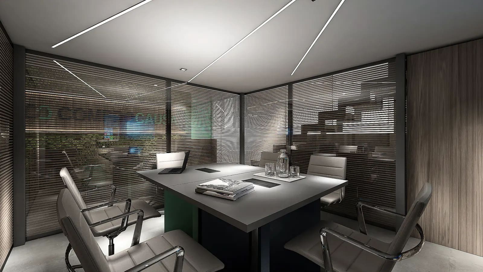 Rendering di progetto: una saletta riservata ai colloqui, con tavolo, delimitata da pareti vetrate.